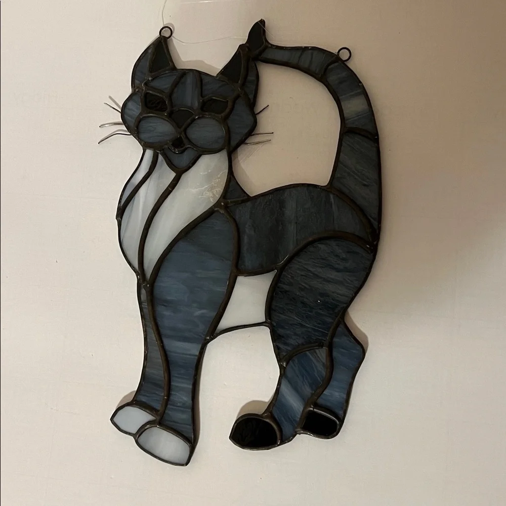Stained Glass Cat Suncatcher - Blue, Black and Gray